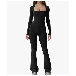 Ladies Qinsen Black Square Neck LS Wide Leg Bodycon Romper Jump Suit Size S
